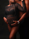Black Rhinestone Fishnet Knitting Sheer Cut Out Photoshoot Short Jumpsuit Maternity Bodysuit Maternity