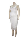 White Lace Spaghetti Strap Backless V-Neck Elegant Babyshower Party Maternity Midi Dress Maternity