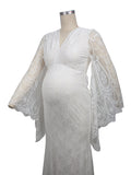 White Lace Trumpet V-Neck Flare Sleeve Bodycon Prom Wedding Gown Photoshoot Maternity Maxi Dress Maternity