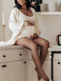 Ivory Three-piece Cozy Knit Set Plus Size Crop Top Cardigan Fluffy Loungewear Casual Daily Maternity Outfit Maternity