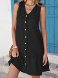 Size Sleeveless Button-Front V-Neck Casual Mini Dress DJPT