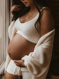Ivory Three-piece Cozy Knit Set Plus Size Crop Top Cardigan Fluffy Loungewear Casual Daily Maternity Outfit Maternity