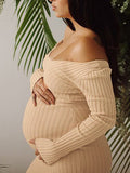 Apricot Off Shoulder Boat Neck Elegant Long Sleeve Baby Shower Maternity Photoshoot Sweater Dress Maternity