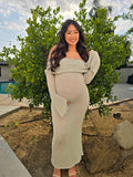 Green Knit Off Shoulder Flare Sleeve Bodycon Elegant Going Out Maternity Photoshoot Maxi Sweater Dress Maternity
