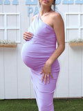 Lavender One Shoulder Ruched Shirred Bodycon Baby Shower Maternity Midi Dress Maternity