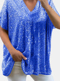 Size Sequin V-Neck Short Sleeve Top DJPT