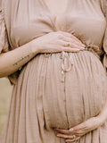 Khaki Bohemian Drawstring Single Breasted Maternity Photoshoot Baby Shower Maxi Dress Maternity