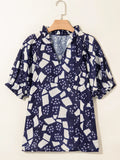 Print Frilled Puff Sleeve V Neck Blouse DJPT