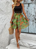 Print Sleeveless Summer Dress with Lace Waist Detail DJPT