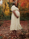 Bubble Texture Sweetheart Neckline Ruched Bodice A-line Puff Sleeve Elegant Going Out Maternity Photoshoot Maxi Dress Maternity
