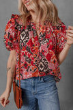 Print Split Neck Short Puff Sleeve Blouse DJPT