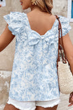 Back Printed Ruffled Cap Sleeve Blouse DJPT