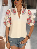 Print Notched Puff Sleeve Blouse DJPT