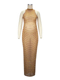 Gold Rhinestone Mesh Sleeveless Backless Photoshoot Bodycon Evening Plus Size Maternity Maxi Dress Maternity