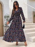 Printed V-Neck Flounce Sleeve Dress DJPT