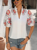 Print Notched Puff Sleeve Blouse DJPT