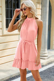 Grecian Neck Tie Waist Mini Dress DJPT