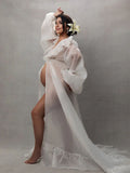 White Ruffle Open Slit Lantern Sleeve Elegant Photoshoot Maternity Maxi Dress Maternity