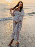 Ruffle Ruched High Waist Puff Sleeve Cute Photoshoot Maternity Maxi Dress Maternity