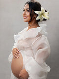 White Ruffle Open Slit Lantern Sleeve Elegant Photoshoot Maternity Maxi Dress Maternity