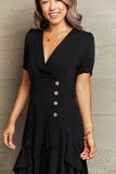 Decorative Button Surplice Ruffle Hem Dress DJPT