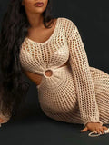 Apricot Knit Coverup Dress Mesh Bodycon Beach Hollow Out Midi Crochet Maternity Cut Out Dress Maternity