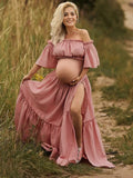 Boho Solid Color Off Shoulder Backless Linen Cotton Ruffle 2-in-1 Crop Cap Sleeve Side Slit Photoshoot Maternity Maxi Dress Maternity