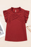 Solid Color Pleated Detail Ruffle Short Sleeve Blouse DJPT