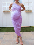 Lavender One Shoulder Ruched Shirred Bodycon Baby Shower Maternity Midi Dress Maternity