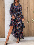 Printed V-Neck Flounce Sleeve Dress DJPT
