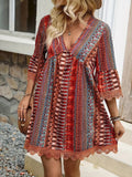 Trim Printed V-Neck 3/4 Sleeve Dress DJPT