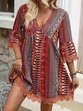 Trim Printed V-Neck 3/4 Sleeve Dress DJPT