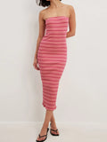 Back Striped Strapless Bodycon Midi Dress DJPT