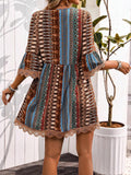 Trim Printed V-Neck 3/4 Sleeve Dress DJPT