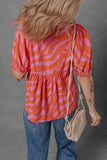 Stripe Print Ruched Cuff Half Sleeve V Neck Blouse DJPT