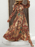 Printed V-Neck Flounce Sleeve Dress DJPT