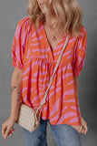 Stripe Print Ruched Cuff Half Sleeve V Neck Blouse DJPT