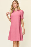 Take Full Size Texture Collared Neck Short Sleeve Dress DJPT
