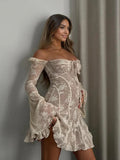 White Lace Off Shoulder Bow Drawstring Ruffle Flare Sleeve Elegant Baby Shower Maternity Mini Dress Maternity