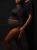 Black Rhinestone Fishnet Knitting Sheer Cut Out Photoshoot Short Jumpsuit Maternity Bodysuit Maternity