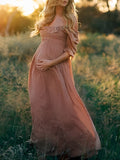 Pink Boho Flowy Bump Friendly Off Shoulder Photoshoots Maxi Dress Maternity