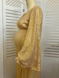 Golden Sparkly Sequin Side Slit Flare Sleeve Elegant Evening Gown Boho Maternity Photoshoot Baby Shower Party Maxi Dress Maternity