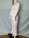 Pink Knit Falbala Ruffle Hem Single Breasted Flare Sleeve Bodycon Elegant Hoing Out Maternity Babyshower Maxi Sweater Dress Maternity
