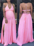 Pink V-neck Spaghetti Strap Halter Neck Backless Cami Slit Baby Shower Plus Size Maternity Maxi Dress Maternity