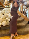 Brown Off Shoulder Long Sleeve Bodycon Elegant Going Out Maternity Photoshoot Baby Shower Party Maxi Dress Maternity