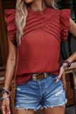 Solid Color Pleated Detail Ruffle Short Sleeve Blouse DJPT