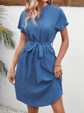 Short Sleeve Tie Waist Dress DJPT