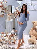 Blue Ruched Off Shoulder Cross Chest Bodycon Elegant Wedding Guest Maternity Photoshoot Midi Dress Maternity