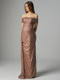 Sparkly Sequin Off Shoulder Side Slit Draped Evening Gown Maternity Photoshoot Elegant Baby Shower Party Maxi Dress Maternity