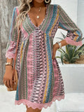 Trim Printed V-Neck 3/4 Sleeve Dress DJPT